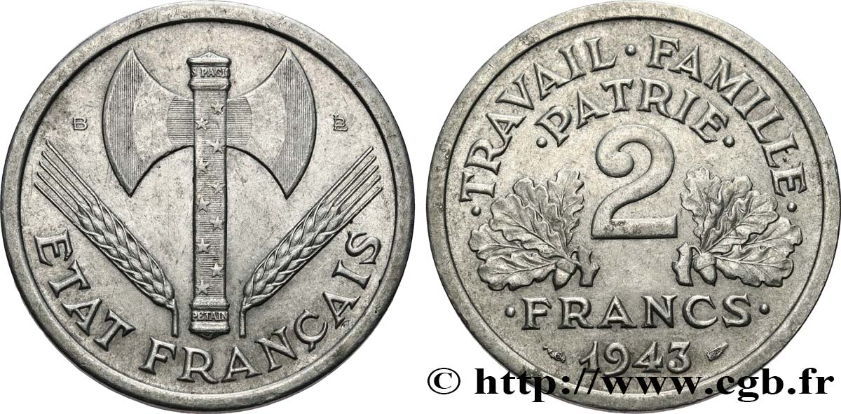 2 francs Francisque 1943 Beaumont-Le-Roger F.270/3 XF 
