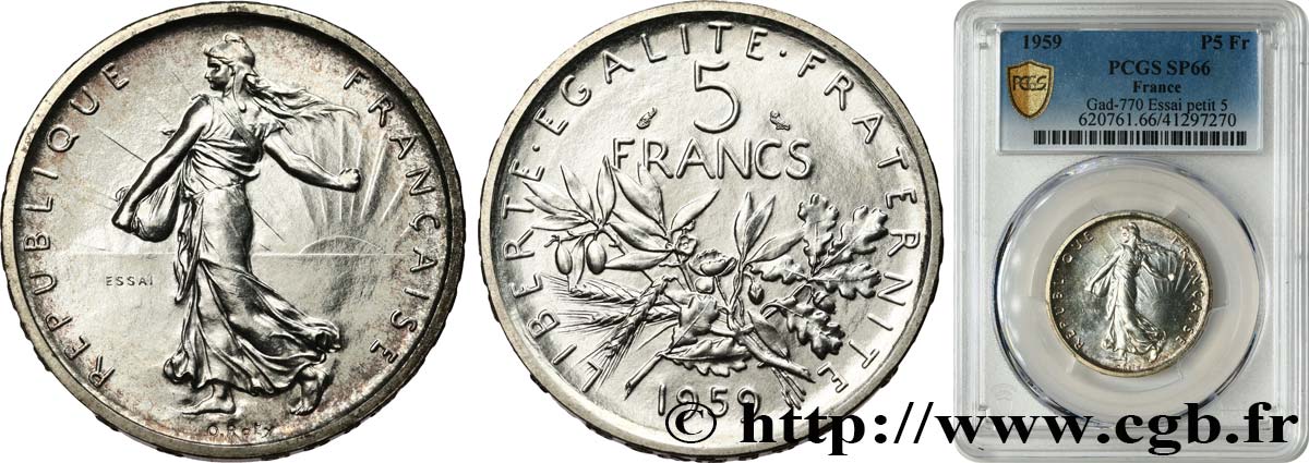 Essai de 5 francs Semeuse, argent, petit 5 1959 Paris F.340/2 FDC66 PCGS