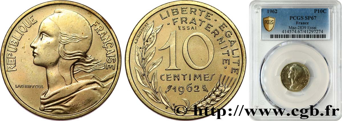 Essai de 10 centimes Marianne 1962 Paris F.144/1 MS67 PCGS