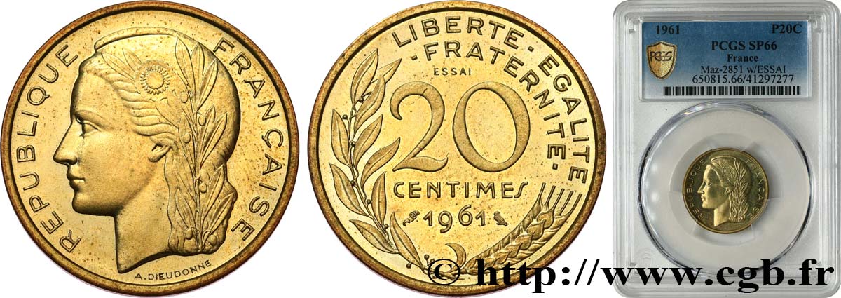 Essai du concours de 20 centimes par Dieudonné 1961 Paris GEM.55 8 MS66 PCGS