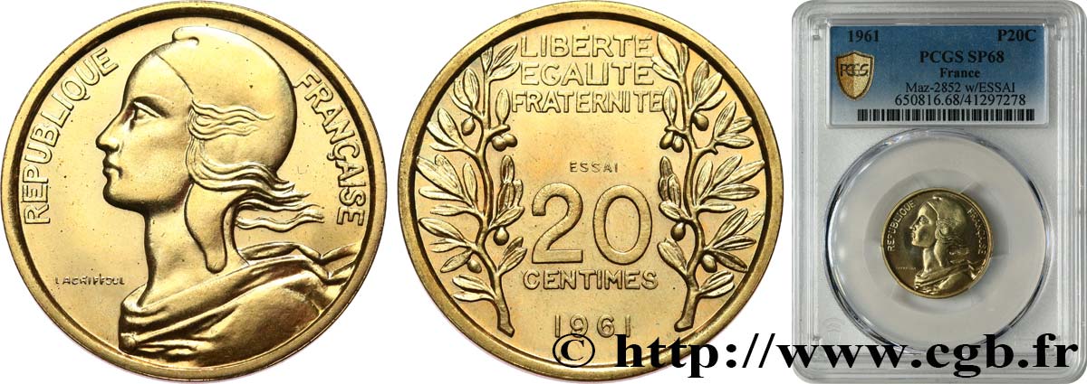 Essai du concours de 20 centimes par Lagriffoul 1961 Paris GEM.55 10 MS68 PCGS