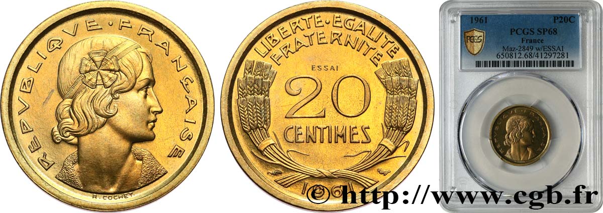 Essai du concours de 20 centimes par Cochet 1961 Paris GEM.55 4 MS68 PCGS