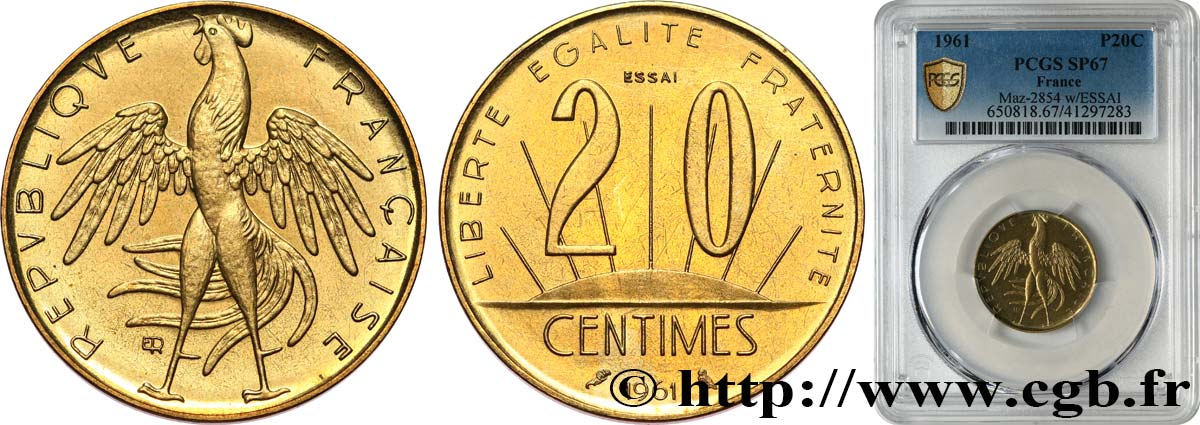 Essai du concours de 20 centimes par Rousseau 1961 Paris GEM.55 14 MS67 PCGS