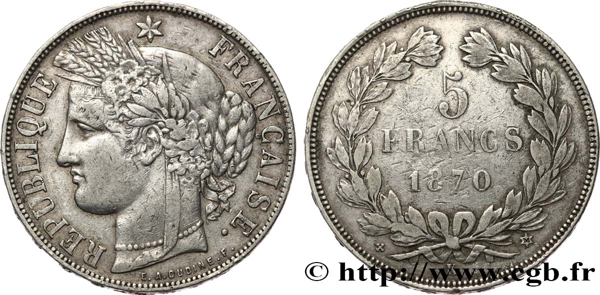 5 francs Cérès, sans légende 1870 Bordeaux F.332/6 MBC 