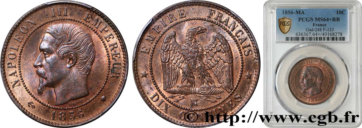 Dix centimes Napoléon III, tête nue 1856 Marseille F.133/39 fST64 PCGS