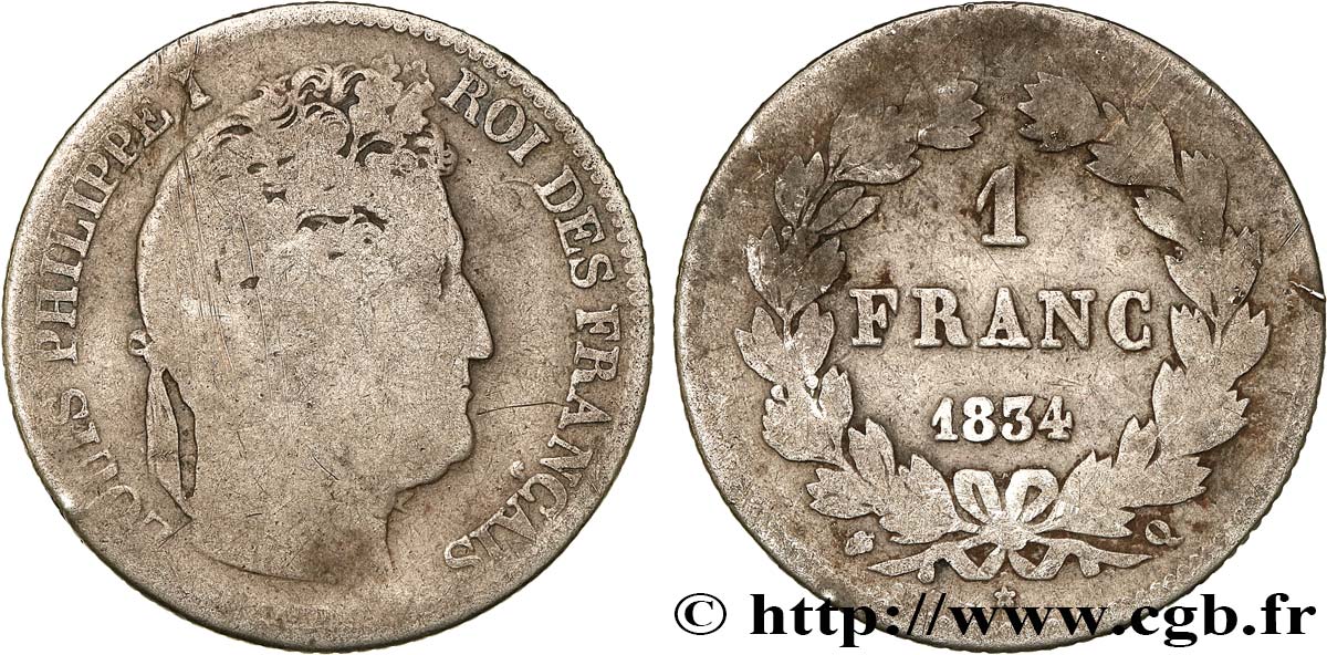 1 franc Louis-Philippe, couronne de chêne 1834 Perpignan F.210/37 F 