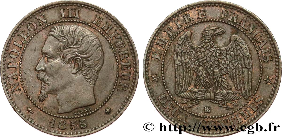 Deux centimes Napoléon III, tête nue 1855 Strasbourg F.107/23 MBC 
