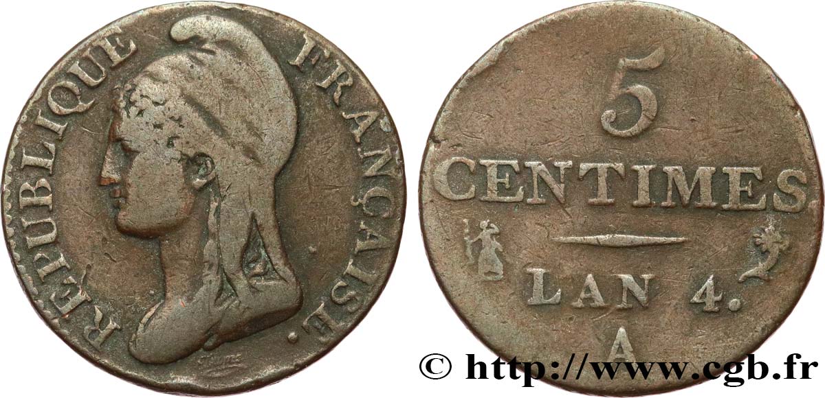 5 centimes Dupré, petit module 1796 Paris F.113/1 BC20 