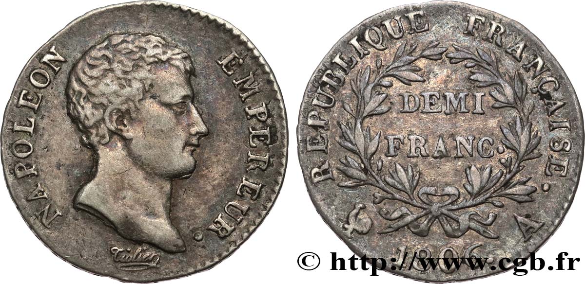 Demi-franc Napoléon Empereur, Calendrier grégorien 1806 Paris F.175/1 XF 