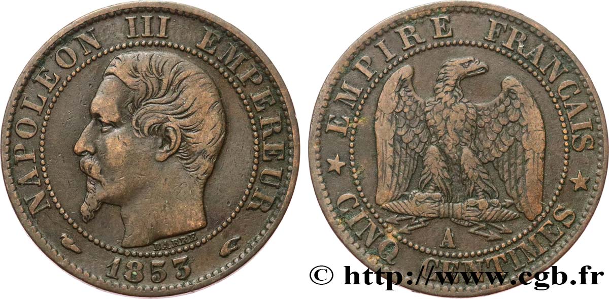 Cinq centimes Napoléon III, tête nue 1853 Paris F.116/1 TB35 