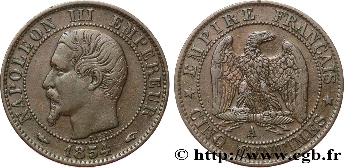Cinq centimes Napoléon III, tête nue 1854 Paris F.116/8 XF40 
