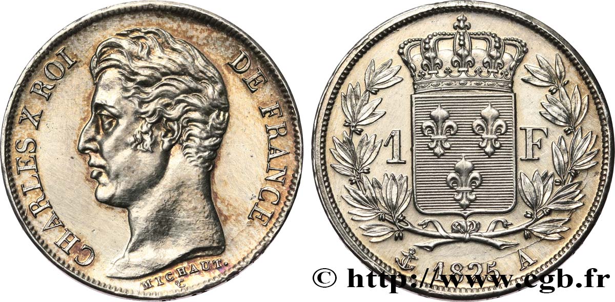 1 franc Charles X, matrice du revers à cinq feuilles 1825 Paris F.207/1 EBC 