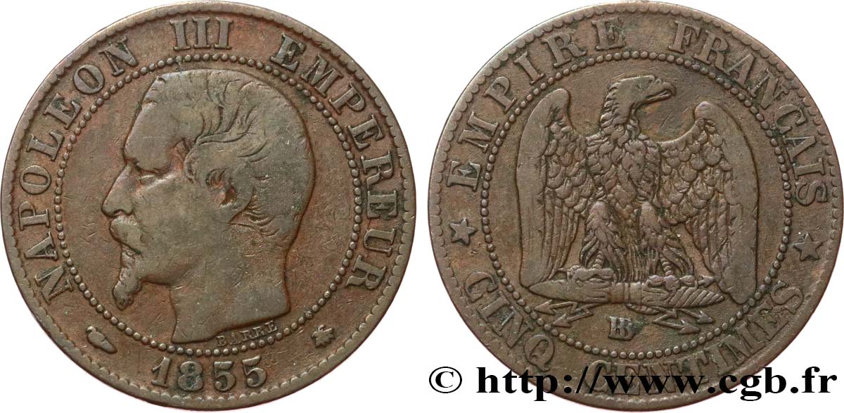 Cinq centimes Napoléon III, tête nue 1855 Strasbourg F.116/20 TB15 