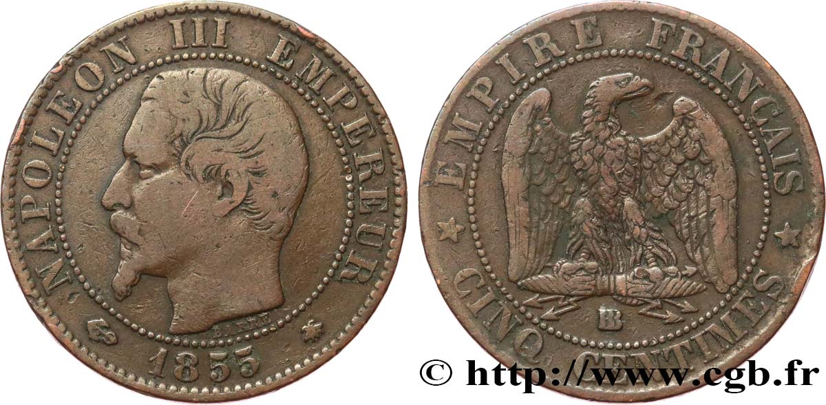 Cinq centimes Napoléon III, tête nue 1855 Strasbourg F.116/21 TB20 