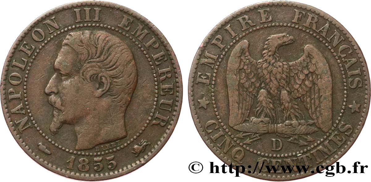 Cinq centimes Napoléon III, tête nue 1855 Lyon F.116/22 VF25 