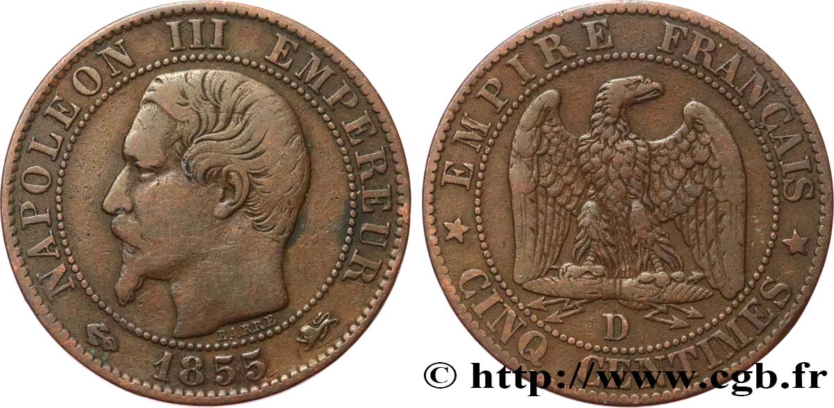 Cinq centimes Napoléon III, tête nue 1855 Lyon F.116/23 S25 
