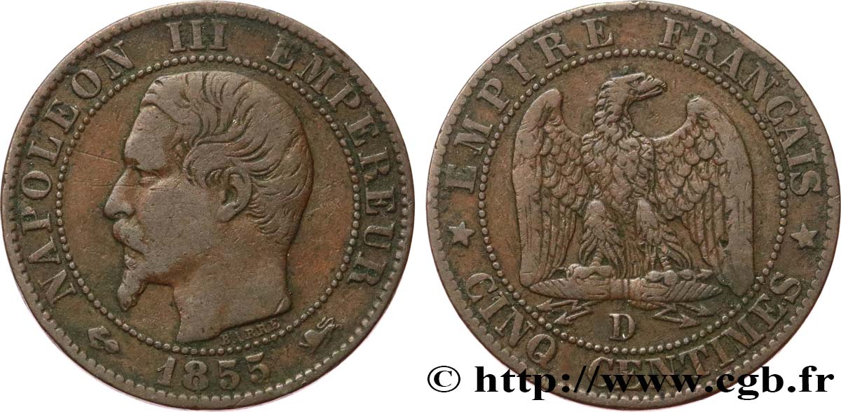 Cinq centimes Napoléon III, tête nue 1855 Lyon F.116/23 TB25 