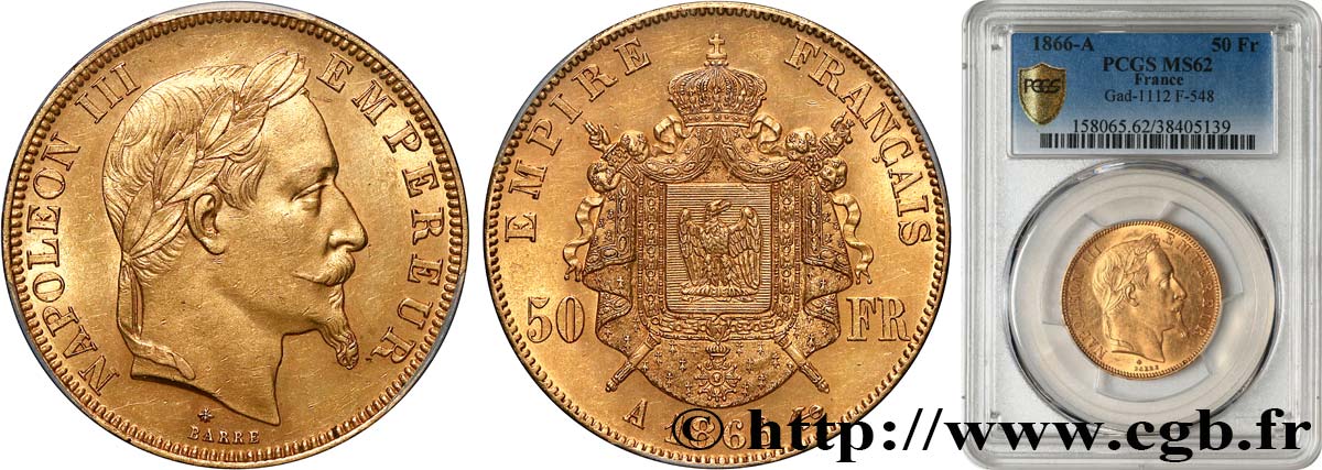50 francs or Napoléon III, tête laurée 1866 Paris F.548/6 VZ62 PCGS