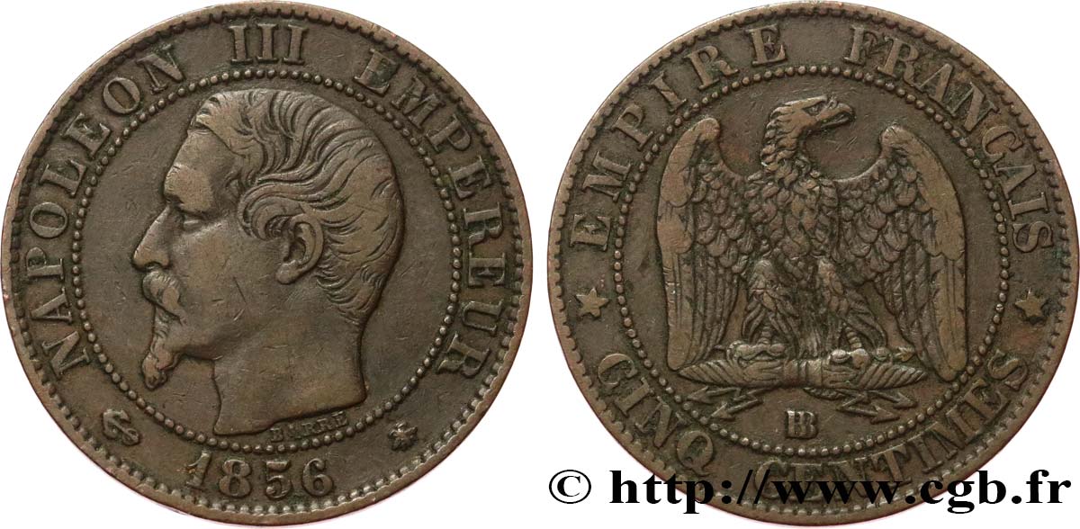 Cinq centimes Napoléon III, tête nue 1856 Strasbourg F.116/32 TB35 