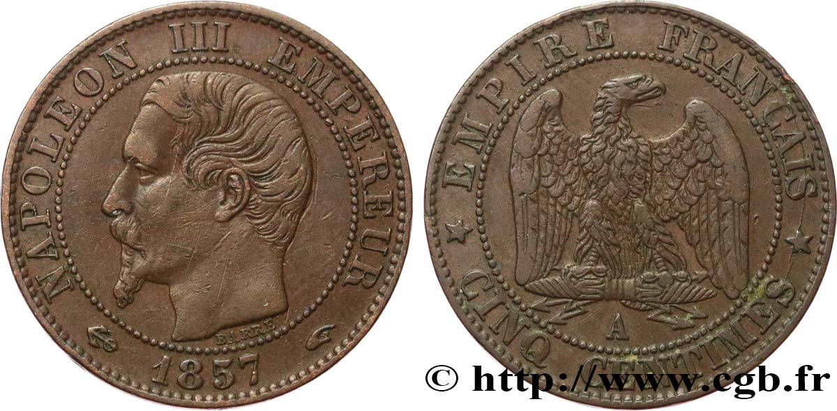 Cinq centimes Napoléon III, tête nue 1857 Paris F.116/37 VF 