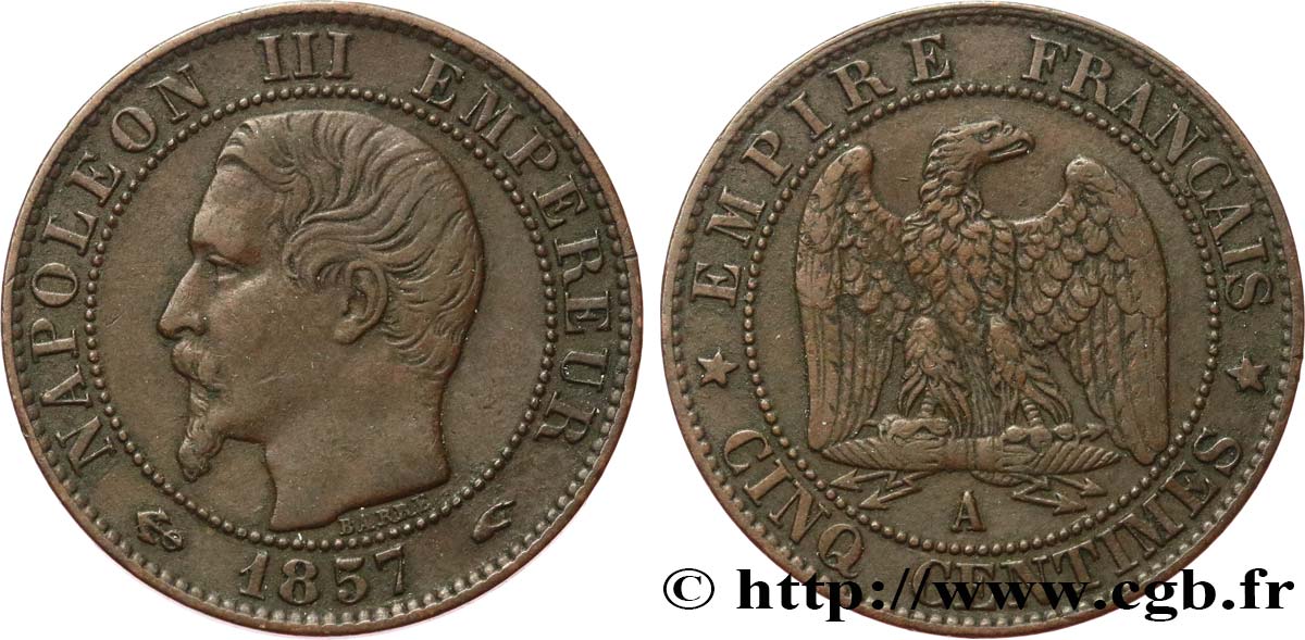 Cinq centimes Napoléon III, tête nue 1857 Paris F.116/37 XF40 