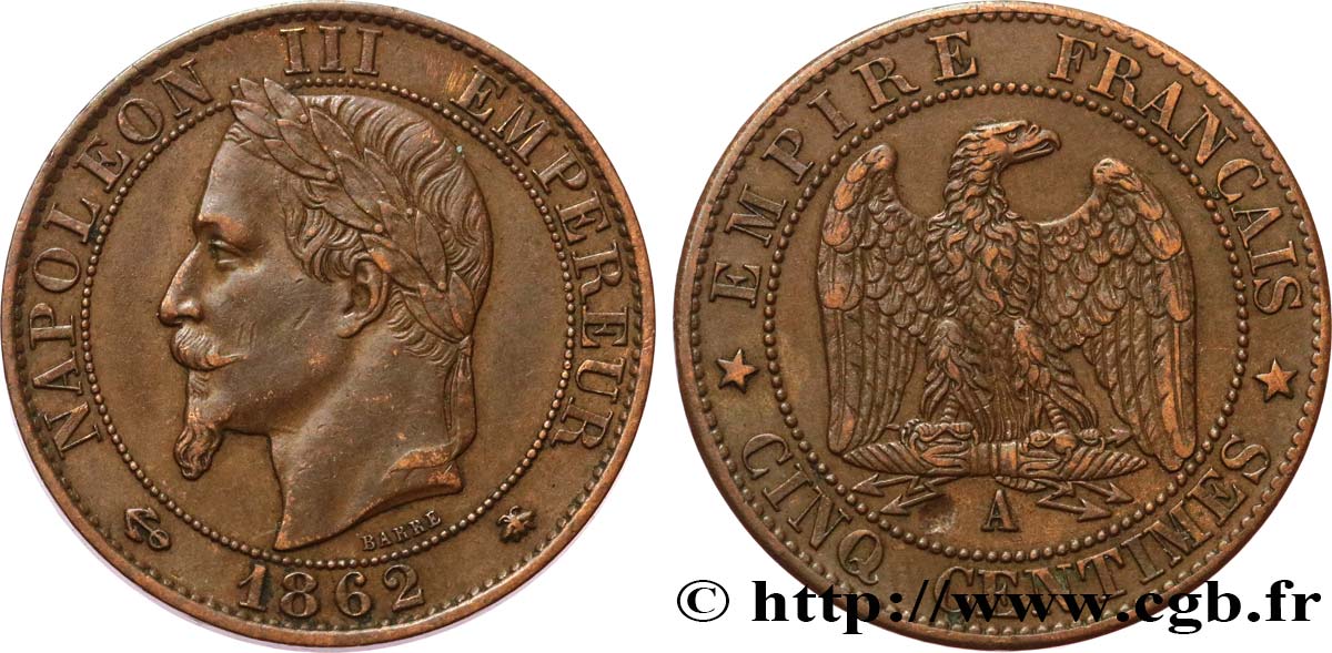 Cinq centimes Napoléon III, tête laurée 1862 Paris F.117/7 BB45 