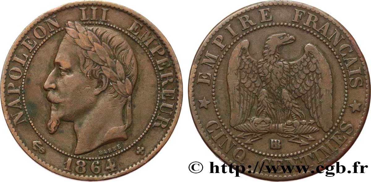 Cinq centimes Napoléon III, tête laurée 1864 Strasbourg F.117/14 MB30 
