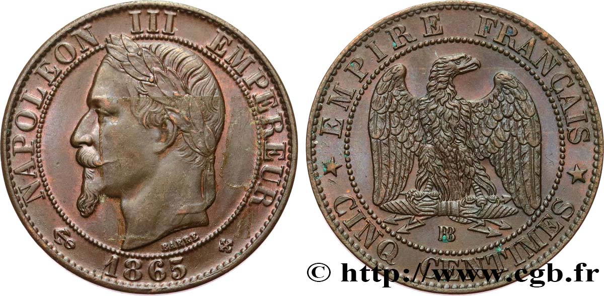 Cinq centimes Napoléon III, tête laurée 1865 Strasbourg F.117/17 MBC+ 