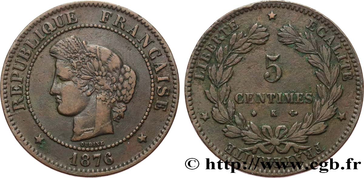 5 centimes Cérès 1876 Bordeaux F.118/14 VF35 