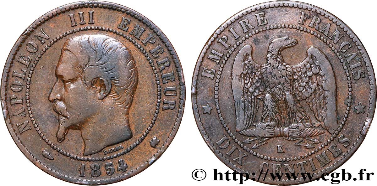 Dix centimes Napoléon III, tête nue 1854 Bordeaux F.133/16 S25 
