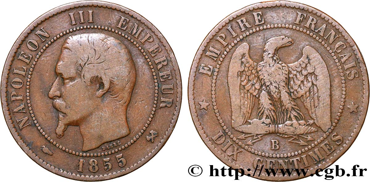 Dix centimes Napoléon III, tête nue 1855 Rouen F.133/21 S15 