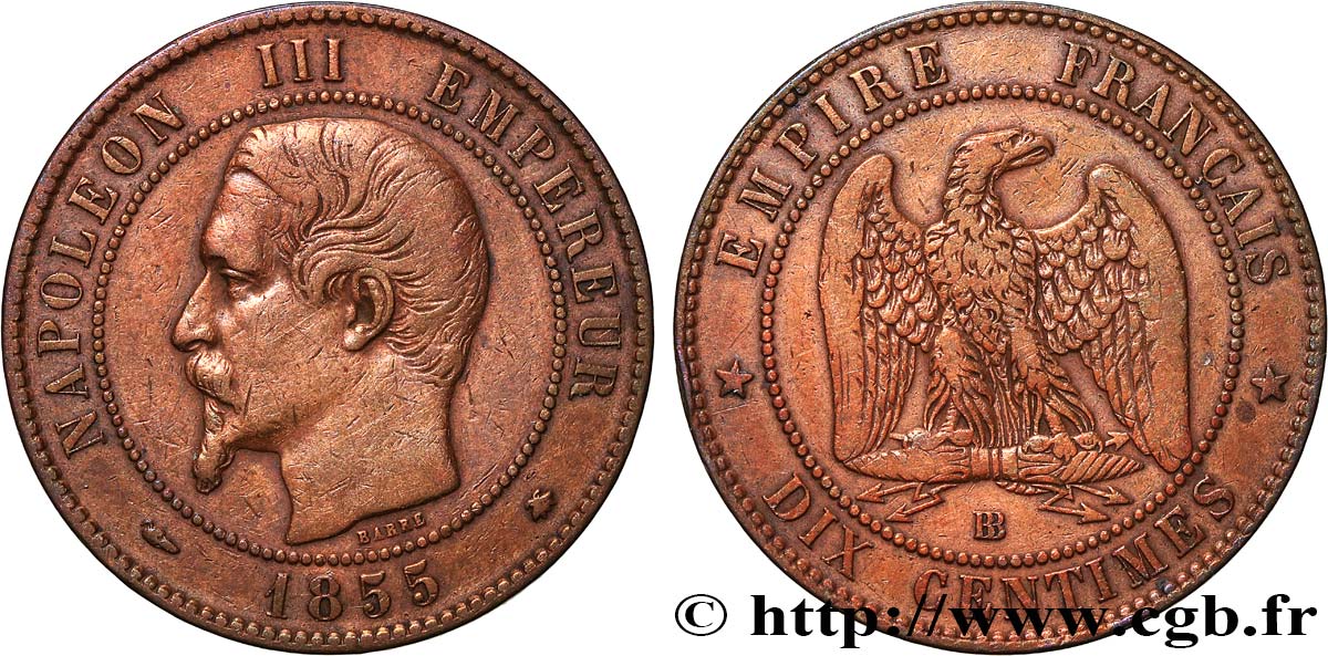 Dix centimes Napoléon III, tête nue 1855 Strasbourg F.133/23 TB 