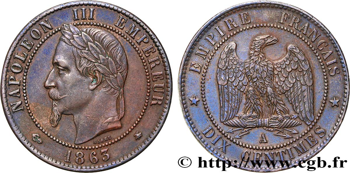 Dix centimes Napoléon III, tête laurée 1863 Paris F.134/10 MBC50 