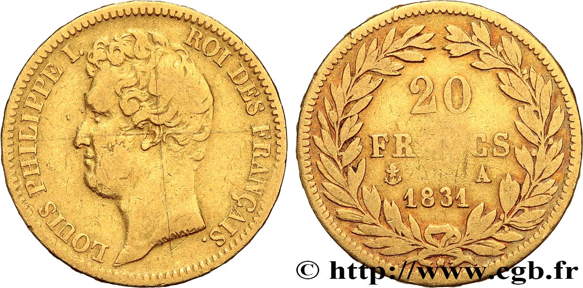 20 francs or Louis-Philippe, Tiolier, tranche inscrite en relief 1831 Paris F.525/2 VF 