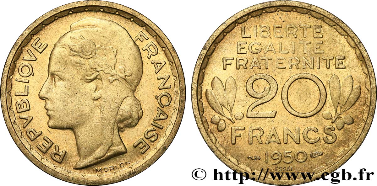 Essai du concours de 20 francs par Morlon 1950 Paris GEM.208 2 MS63 