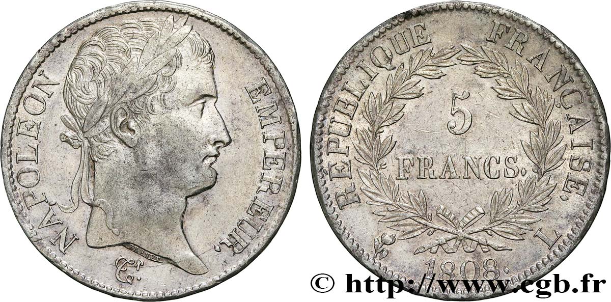 5 francs Napoléon Empereur, République française, tranche fautée 1808 Bayonne F.306/9 q.SPL 