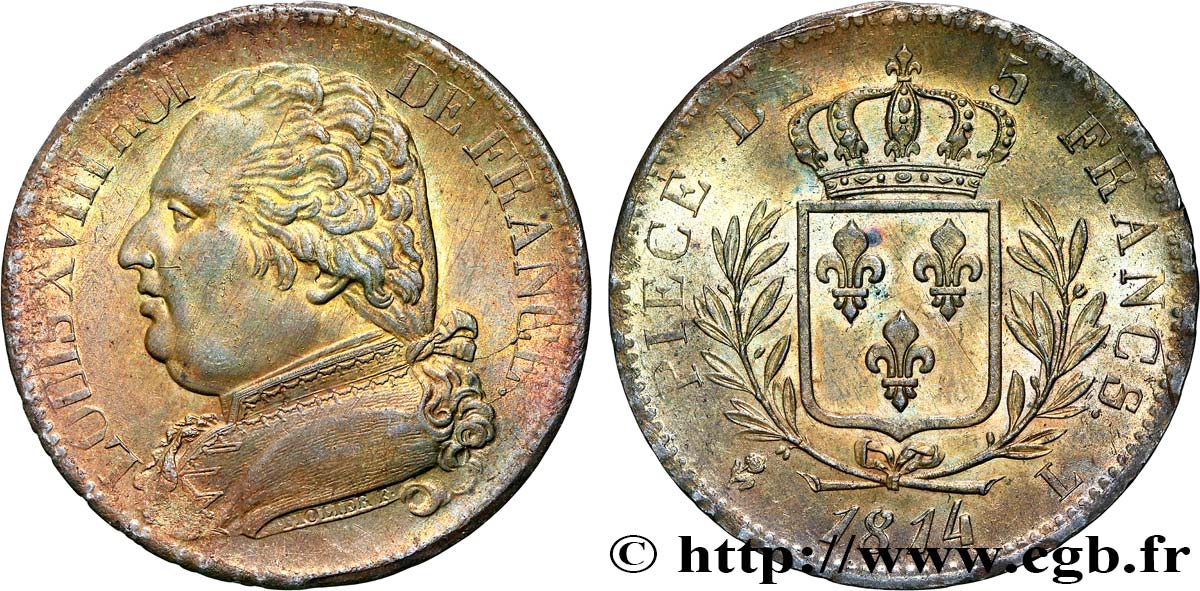5 francs Louis XVIII, buste habillé 1814 Bayonne F.308/8 SUP 