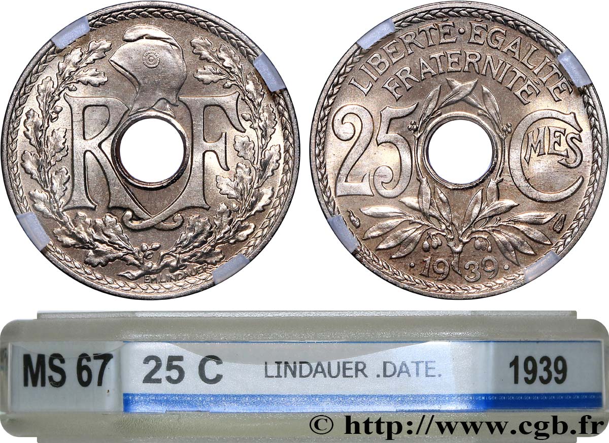 25 centimes Lindauer, maillechort 1939  F.172/3 FDC67 GENI