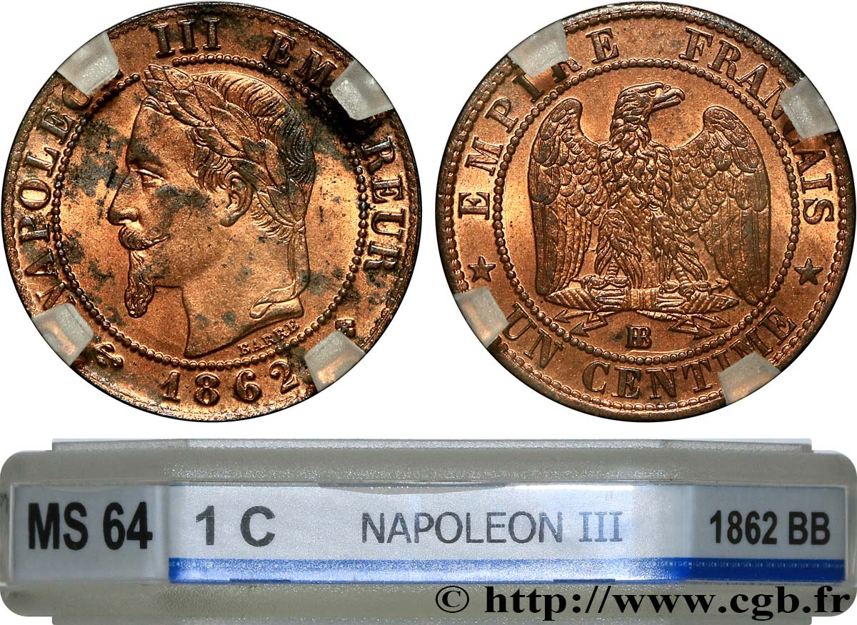 Un centime Napoléon III, tête laurée, petit BB 1862 Strasbourg F.103/5 SPL64 GENI