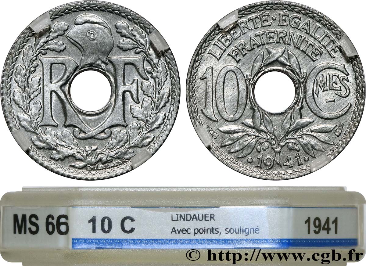 10 centimes Lindauer en zinc, Cmes souligné et millésime avec points 1941  F.140/2 MS66 GENI