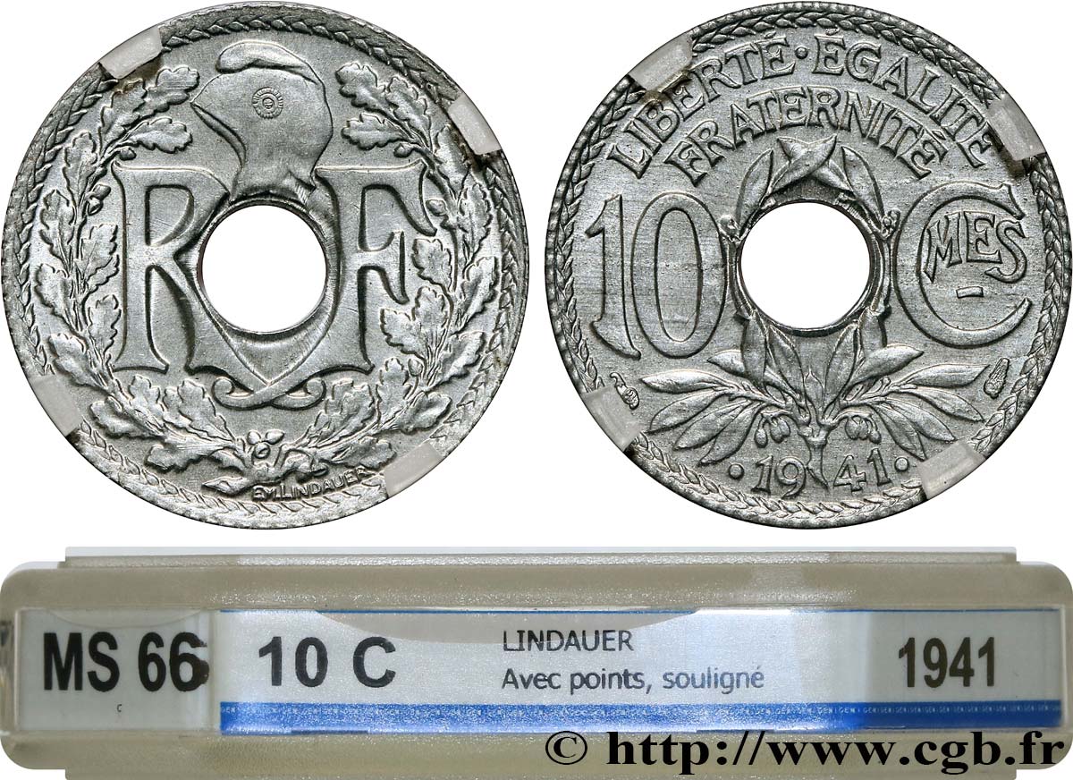 10 centimes Lindauer en zinc, Cmes souligné et millésime avec points 1941  F.140/2 MS66 GENI