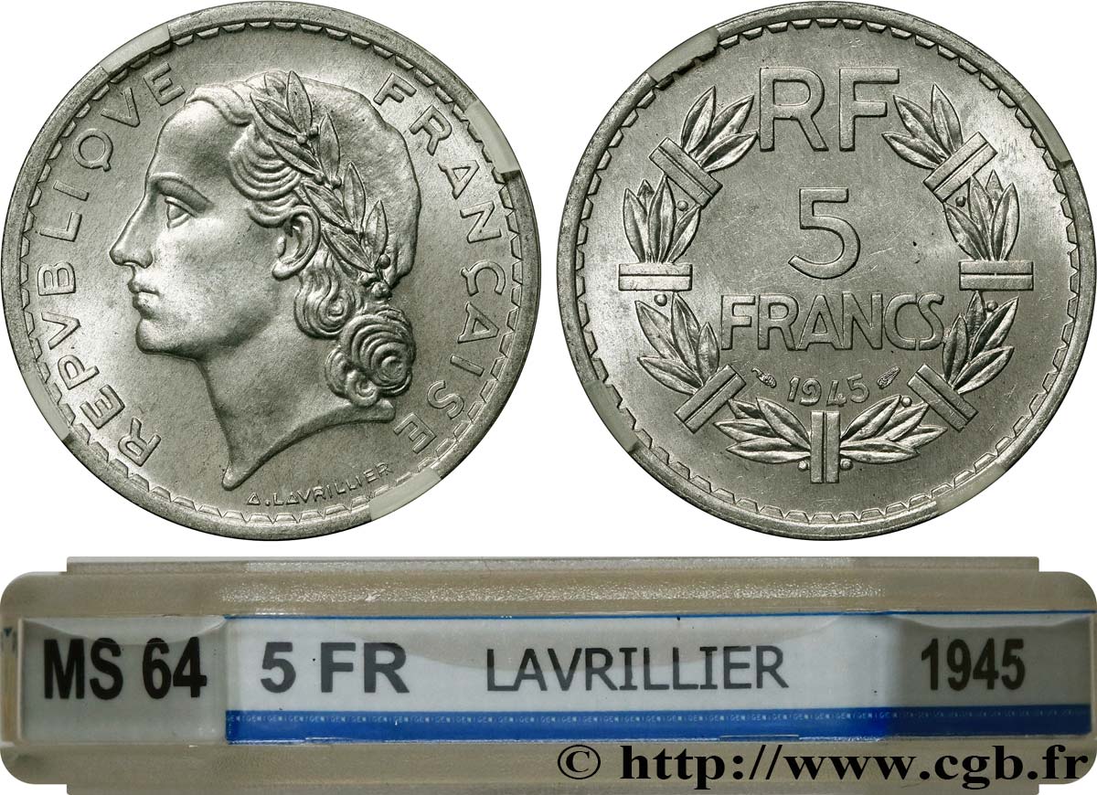 5 francs Lavrillier, aluminium, 9 ouvert 1945  F.339/3 SPL64 GENI