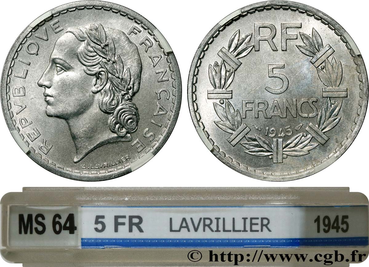 5 francs Lavrillier, aluminium, 9 ouvert 1945  F.339/3 SPL64 GENI
