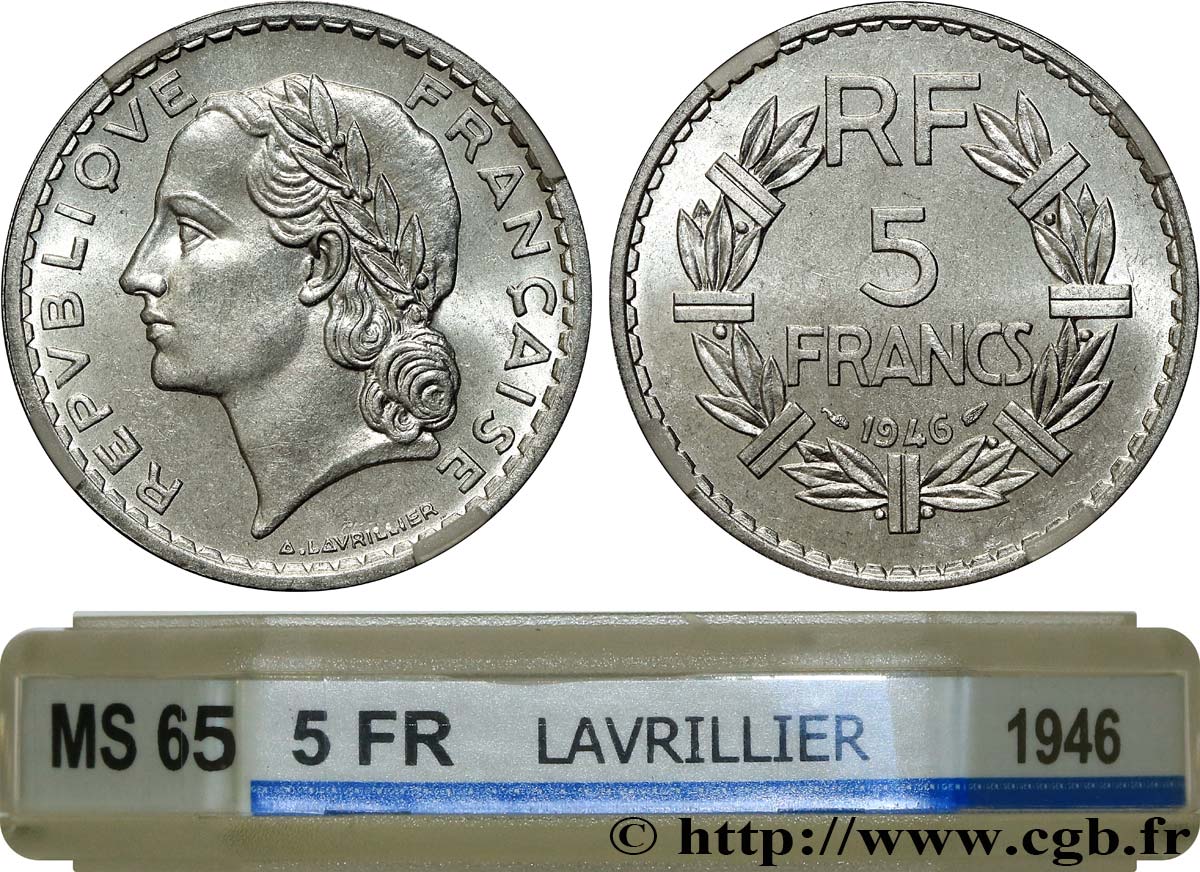 5 francs Lavrillier, aluminium 1946  F.339/6 MS65 GENI