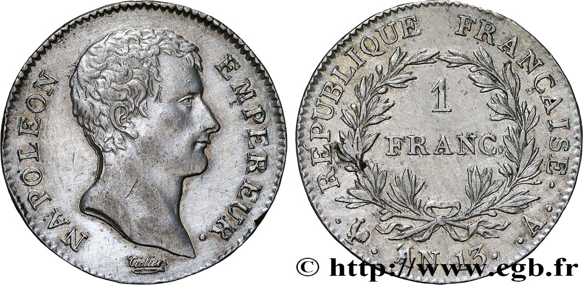 1 franc Napoléon Empereur, Calendrier révolutionnaire 1805 Paris F.201/14 TTB+ 