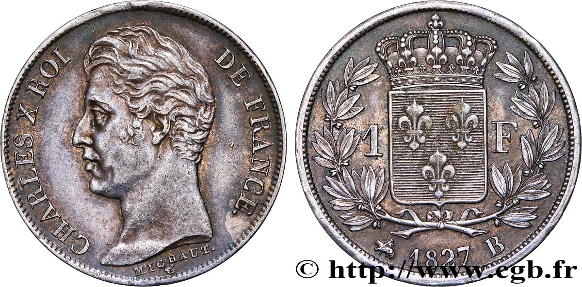 1 franc Charles X, matrice du revers à cinq feuilles 1827 Rouen F.207/26 TTB53 