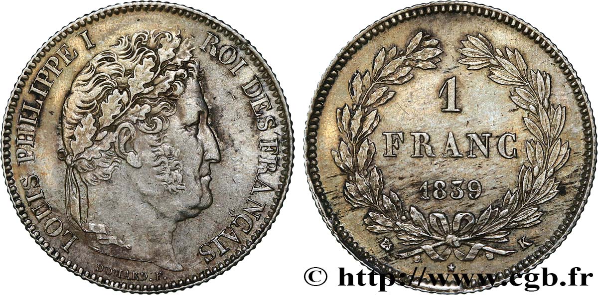 1 franc Louis-Philippe, couronne de chêne 1839 Bordeaux F.210/71 EBC 