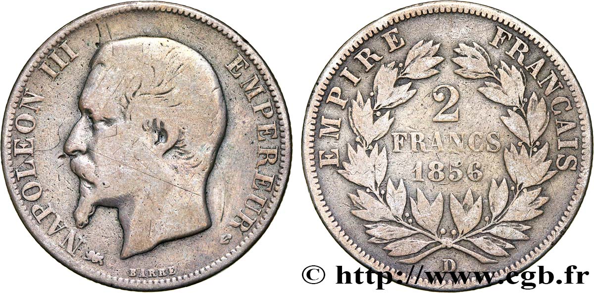 2 francs Napoléon III, tête nue 1856 Lyon F.262/8 F 