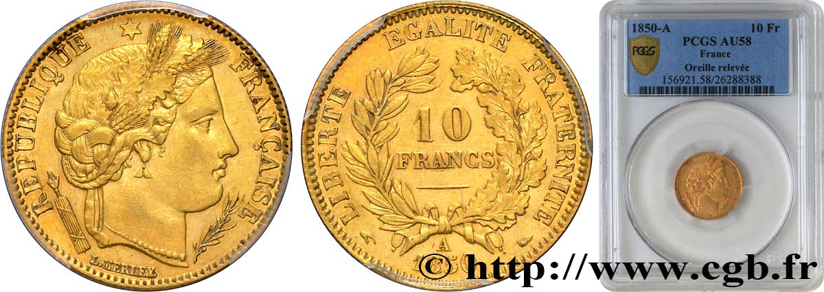 10 francs or Cérès, IIe République, levrette oreille haute 1850 Paris F.504/1 EBC58 PCGS