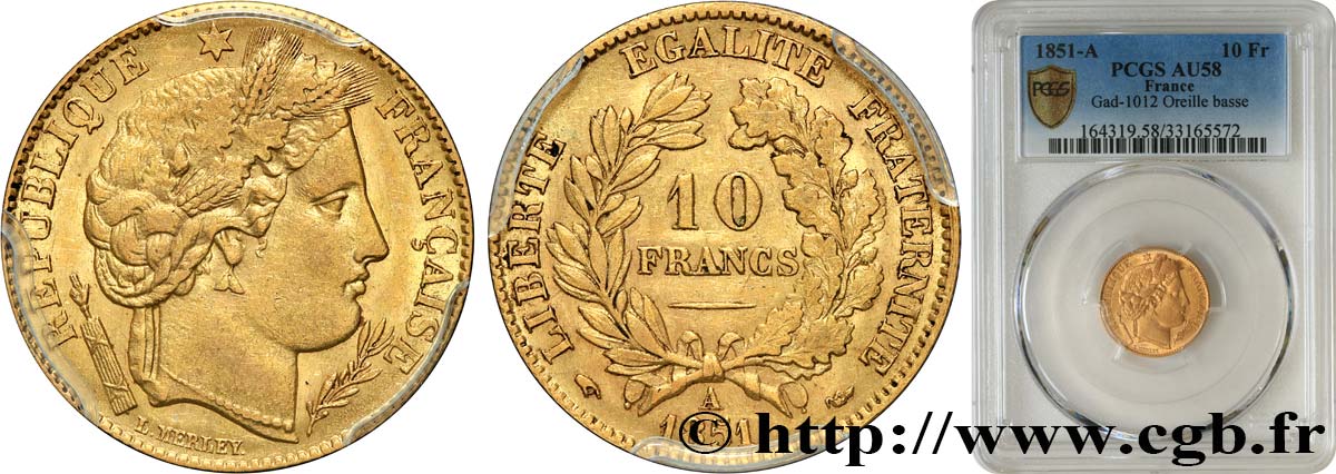 10 francs or Cérès, IIe République 1851 Paris F.504/3 SPL58 PCGS